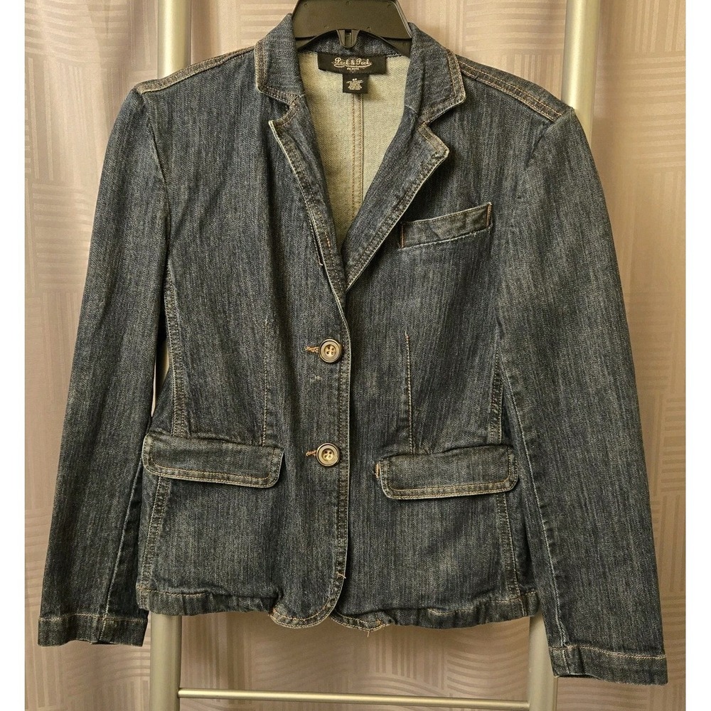 Peck & Peck Blue Denim Jean Jacket Blazer V-Neck Pockets Size 6‎ Petite